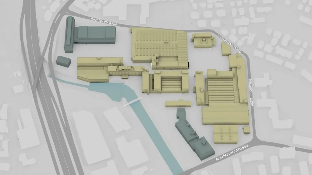 3D-Übersichtsplan des Vitus-Areal Winterthur mit farblich markierten Gebäuden, Wasserlauf und angrenzenden Strassen.